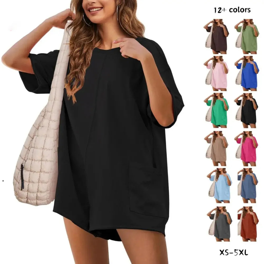 💝Women Casual Oversized Athletic Short Sleeve Romper Deep Pocket Loungewear