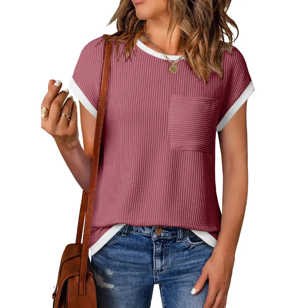 ❤️Women's Crewneck Short Sleeve Color Block Ribbed Knitwear Slim Fitted Blouses Tops