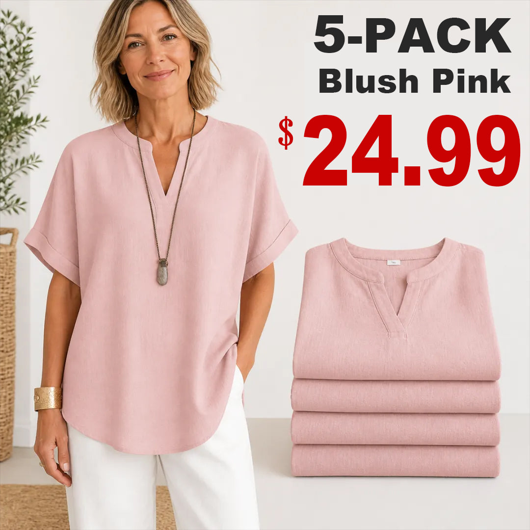 🔥Special Offer Event⚡10-Pack for Only $34.99⚡Women’s Loose-Fit Cotton-Linen Short-Sleeve Top with V-Neck and Rounded Hem