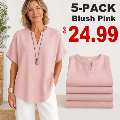 🔥Special Offer Event⚡10-Pack for Only $34.99⚡Women’s Loose-Fit Cotton-Linen Short-Sleeve Top with V-Neck and Rounded Hem