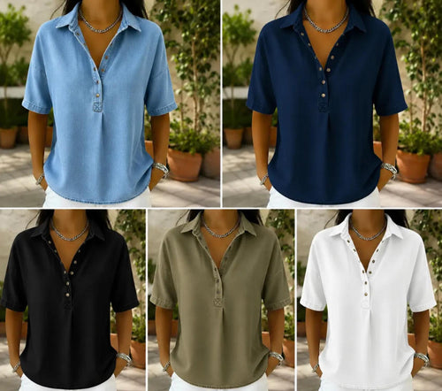 🔥Women's Relaxed Denim-Style Button Detail Top