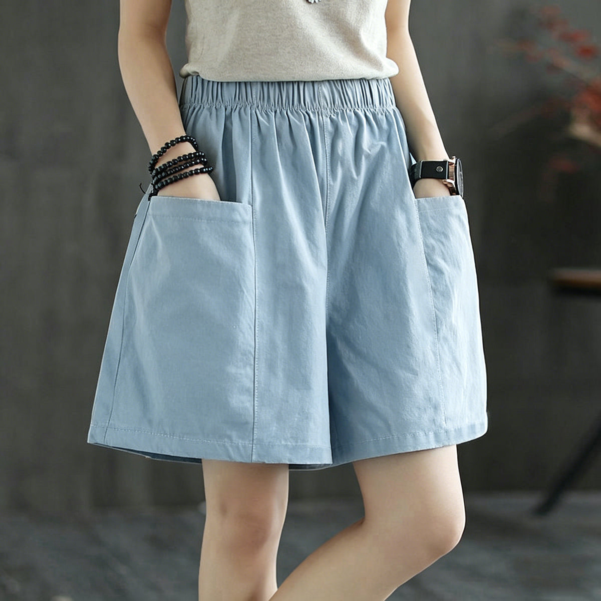 Casual High-Waist Elastic Pocket Shorts – Summer Comfort for Women