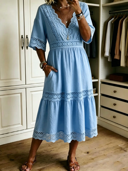 🔥Women's Casual Loose-fitting Patchwork Lace Trim Linen And Cotton Dress