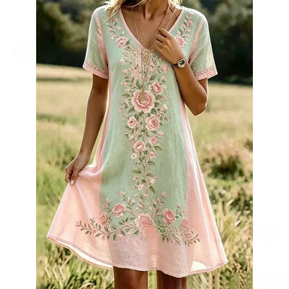 Women’s Boho Floral Print V-Neck Summer Dress – Lightweight Vacation Beach Midi Dress