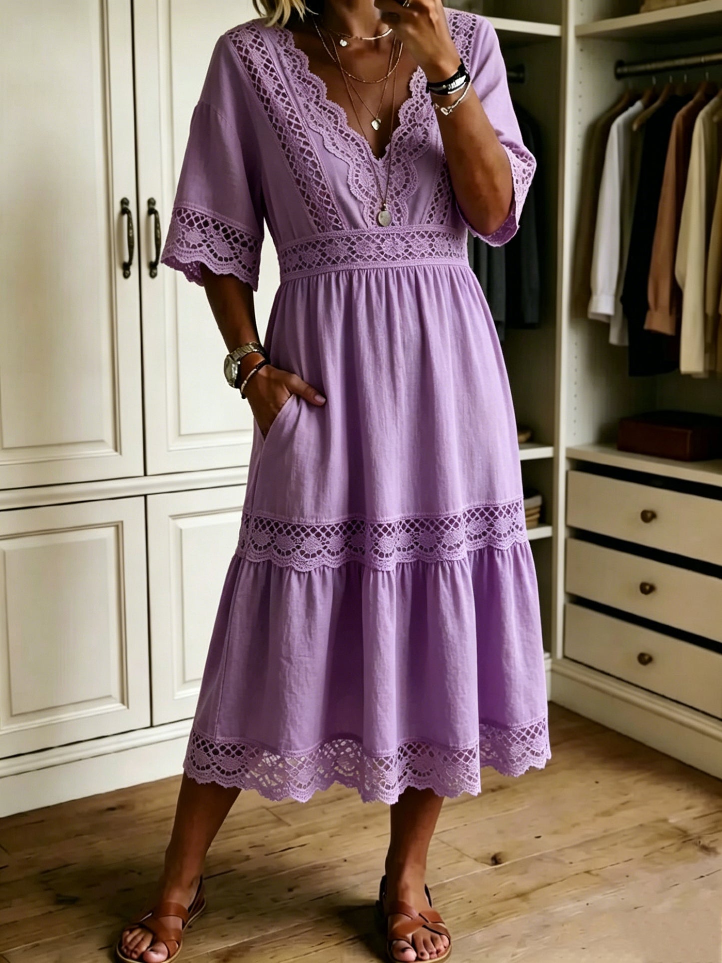 🔥Women's Casual Loose-fitting Patchwork Lace Trim Linen And Cotton Dress