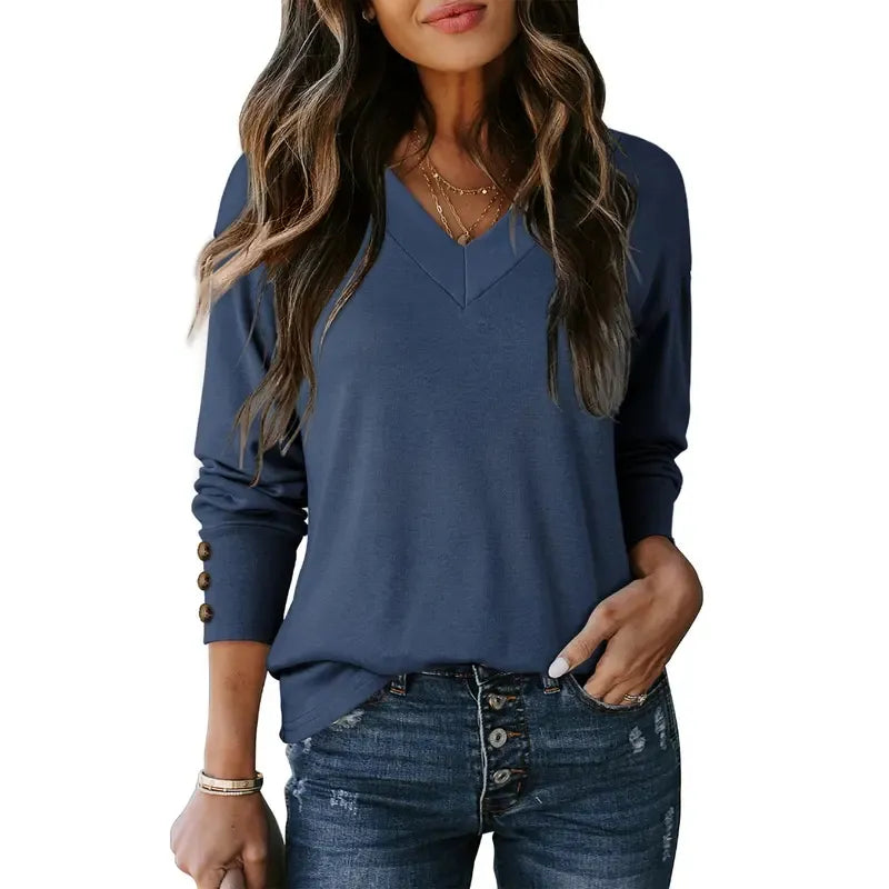 Women's Casual Long Sleeve V-Neck Pullover Shirts Loose Fit Lightweight Knit Tops