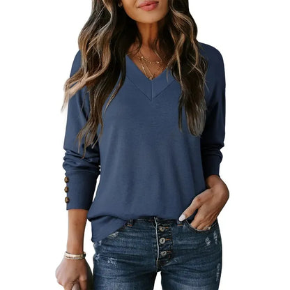 Women's Casual Long Sleeve V-Neck Pullover Shirts Loose Fit Lightweight Knit Tops