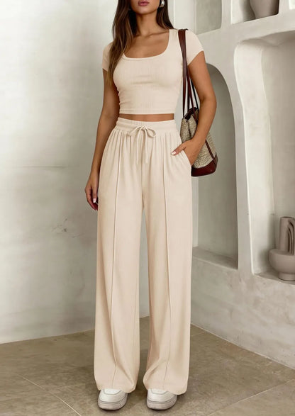 ⚡FINAL SALE⚡ Women's 2 Piece Outfits Square Neck Crop Top High Waist Wide Leg Pants Loungewear Set