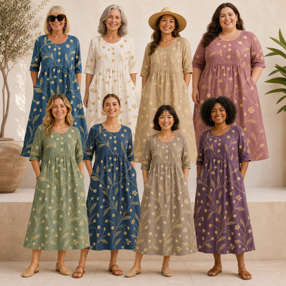 Pack & Save 8-Pack Women's Printed Round-Neck Empire-Waist Midi Dresses, Relaxed Casual Pocket Fit