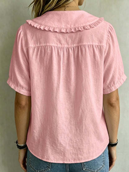 ⏰16-Pack Only $35👕 Women's Ruffle Trim Collared Button-Up Short Sleeve Shirt - Limited Stock Once They’re Gone, They’re Gone!