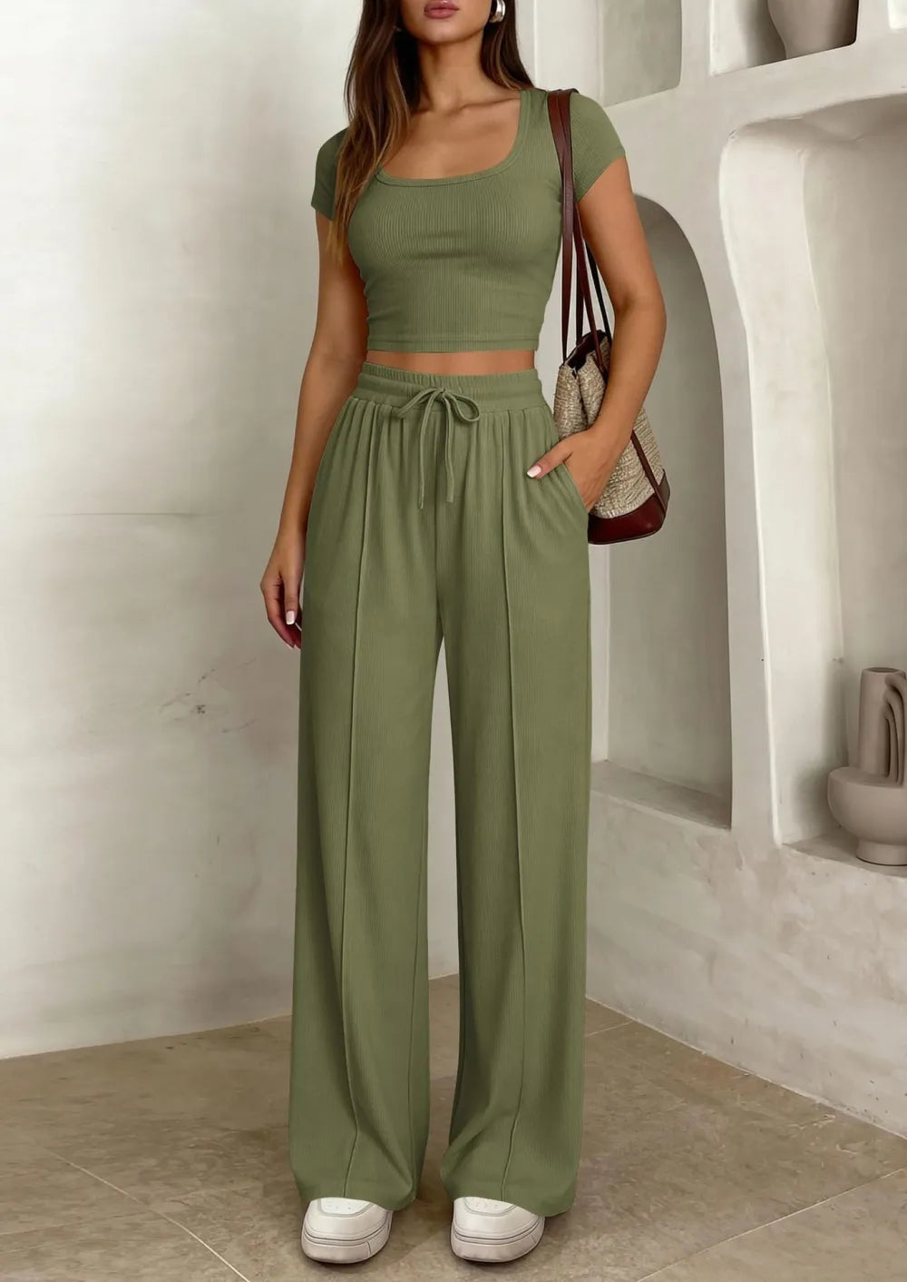 ⚡FINAL SALE⚡ Women's 2 Piece Outfits Square Neck Crop Top High Waist Wide Leg Pants Loungewear Set