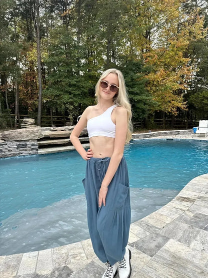 Women's Linen Wide Leg Pants Casual Loose Drawstring Low Waist with Pockets