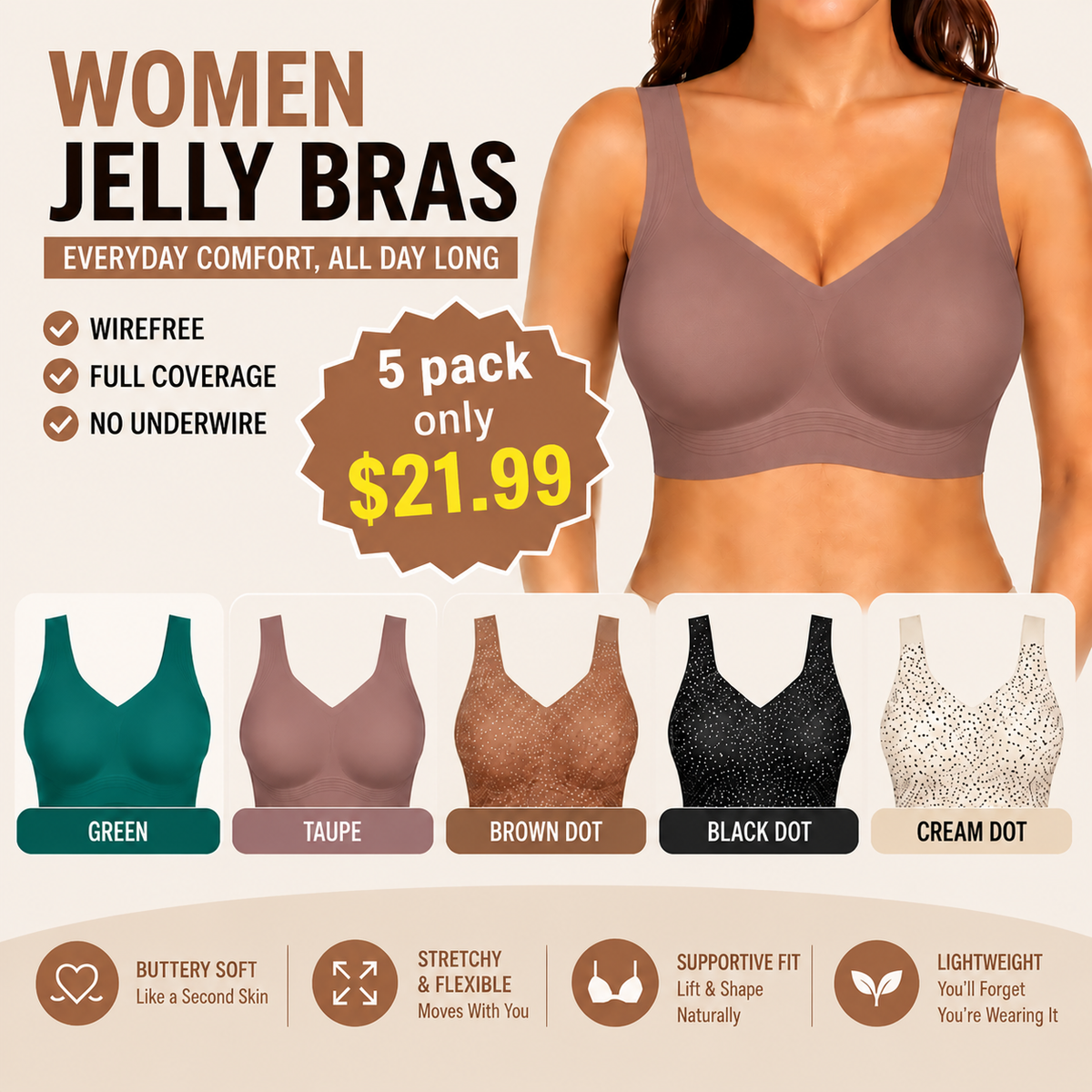 Women’s Jelly Support Bra – Wirefree & Full Coverage