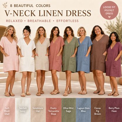 Pack & Save 8-Pack Women's Linen-Feel V-Neck Pocket Mini Dresses, Relaxed Batwing Sleeve Casual Fit