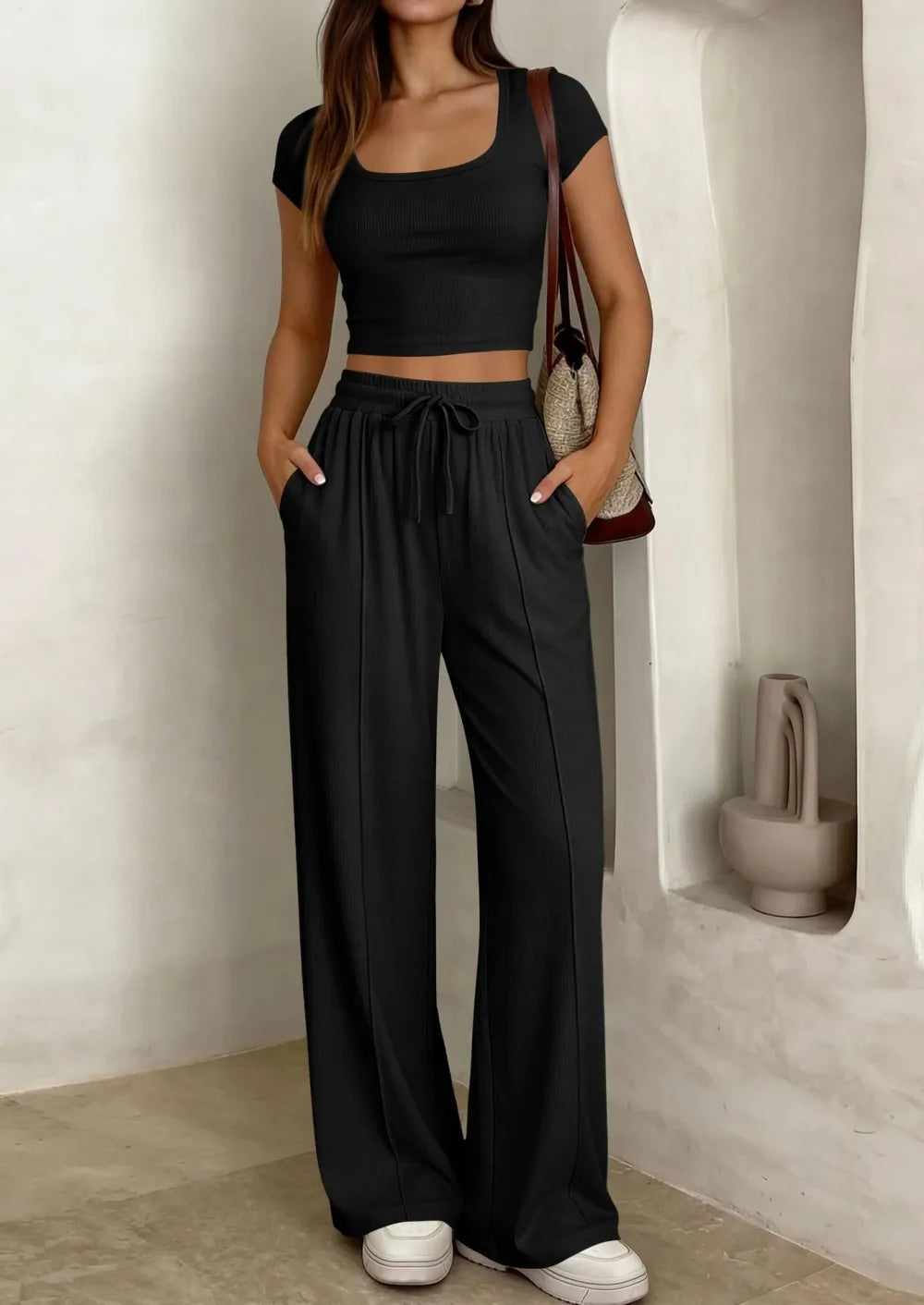 ⚡FINAL SALE⚡ Women's 2 Piece Outfits Square Neck Crop Top High Waist Wide Leg Pants Loungewear Set