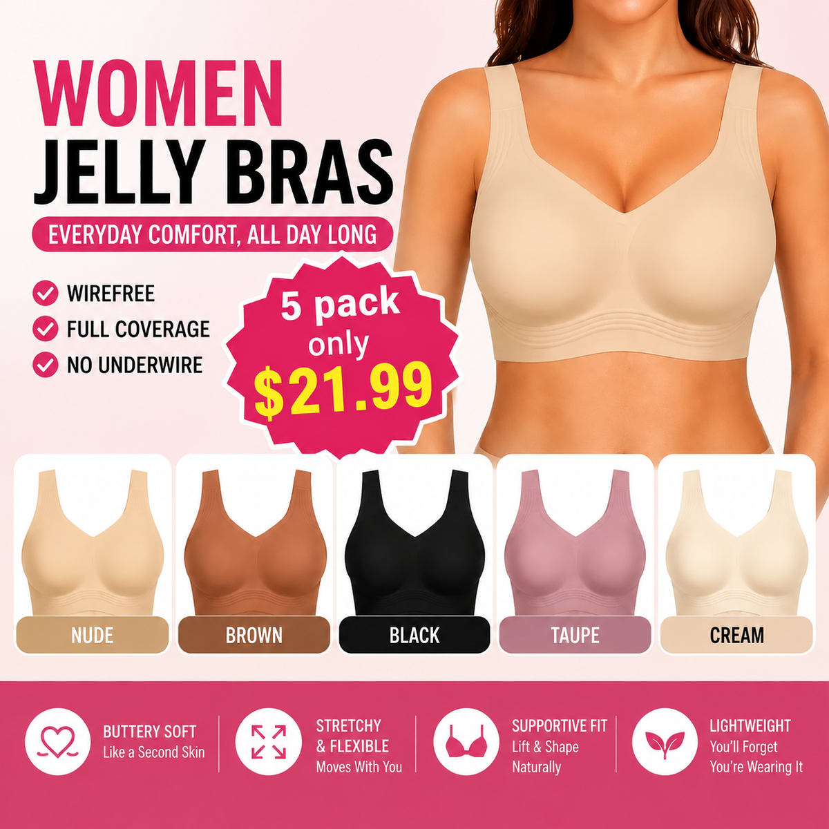 Women’s Jelly Support Bra – Wirefree & Full Coverage