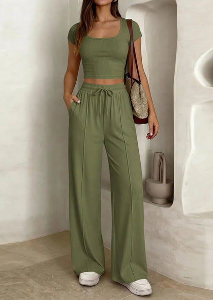 ⚡FINAL SALE⚡ Women's 2 Piece Outfits Square Neck Crop Top High Waist Wide Leg Pants Loungewear Set