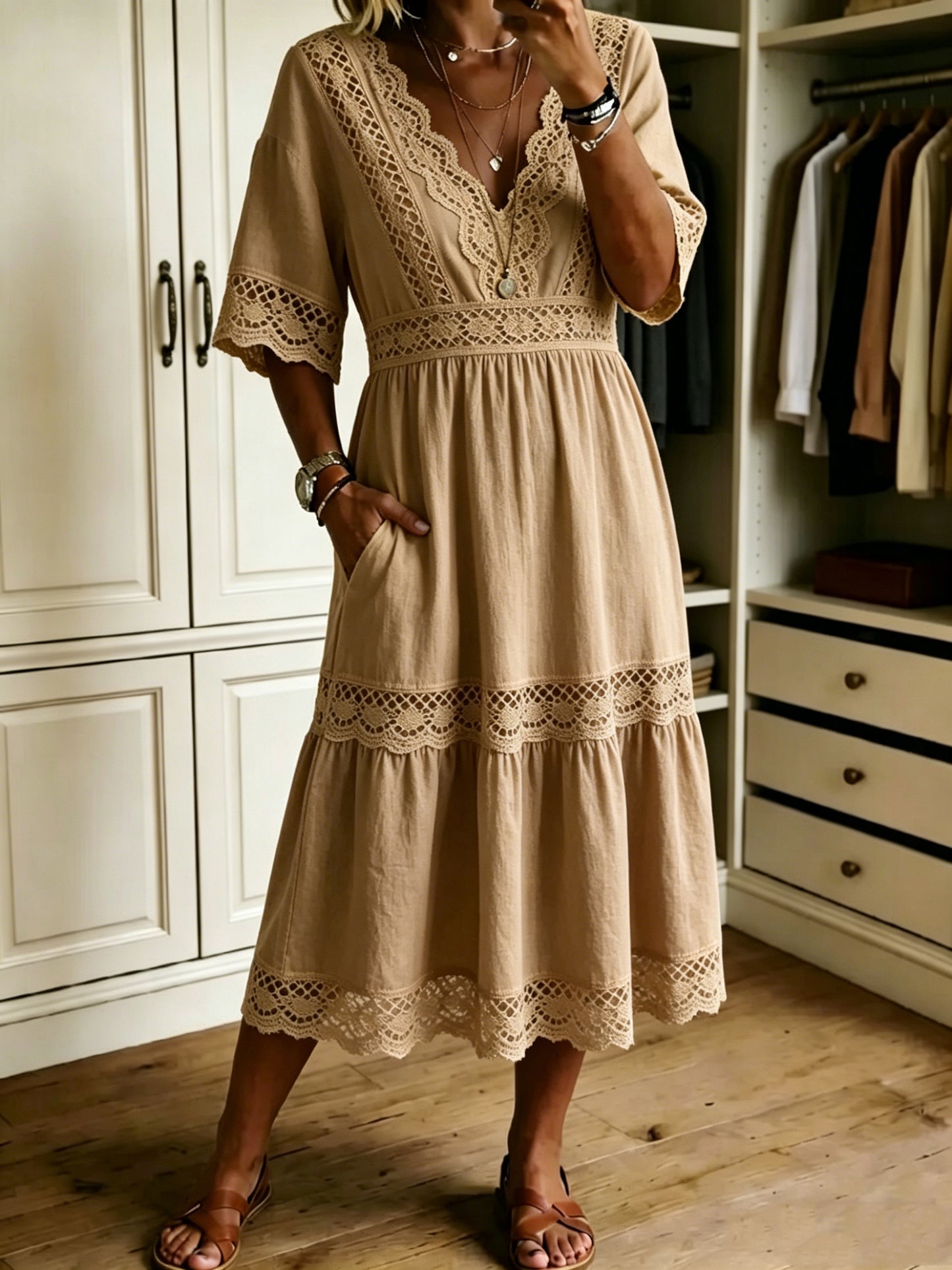 🔥Women's Casual Loose-fitting Patchwork Lace Trim Linen And Cotton Dress