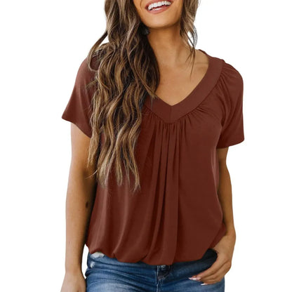 Women's Casual Summer Short Sleeve V-neck Tops T-shirts - Loose Fit & Comfortable Shirring Top