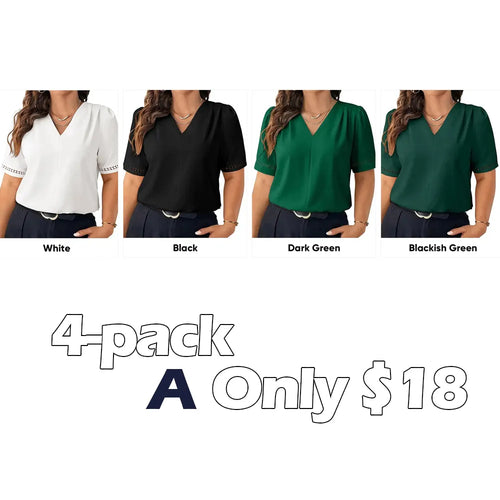 Dressy Casual Pleated V-Neck Short Sleeve Business Work Office Blouses Shirts (1X-5X)