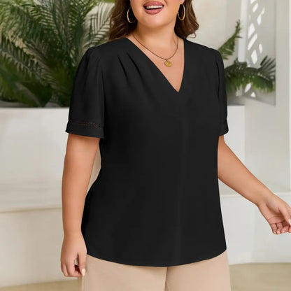 Dressy Casual Pleated V-Neck Short Sleeve Business Work Office Blouses Shirts (1X-5X)