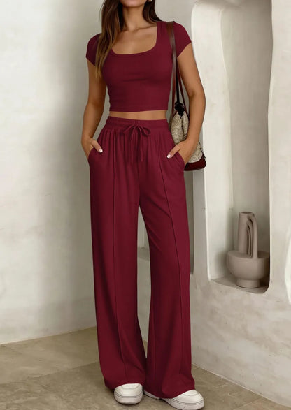 ⚡FINAL SALE⚡ Women's 2 Piece Outfits Square Neck Crop Top High Waist Wide Leg Pants Loungewear Set