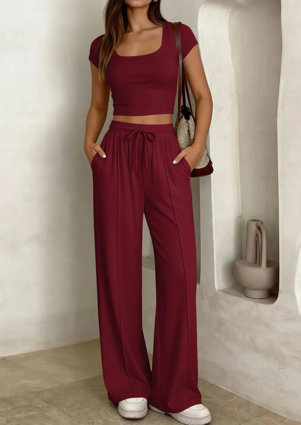 ⚡FINAL SALE⚡ Women's 2 Piece Outfits Square Neck Crop Top High Waist Wide Leg Pants Loungewear Set