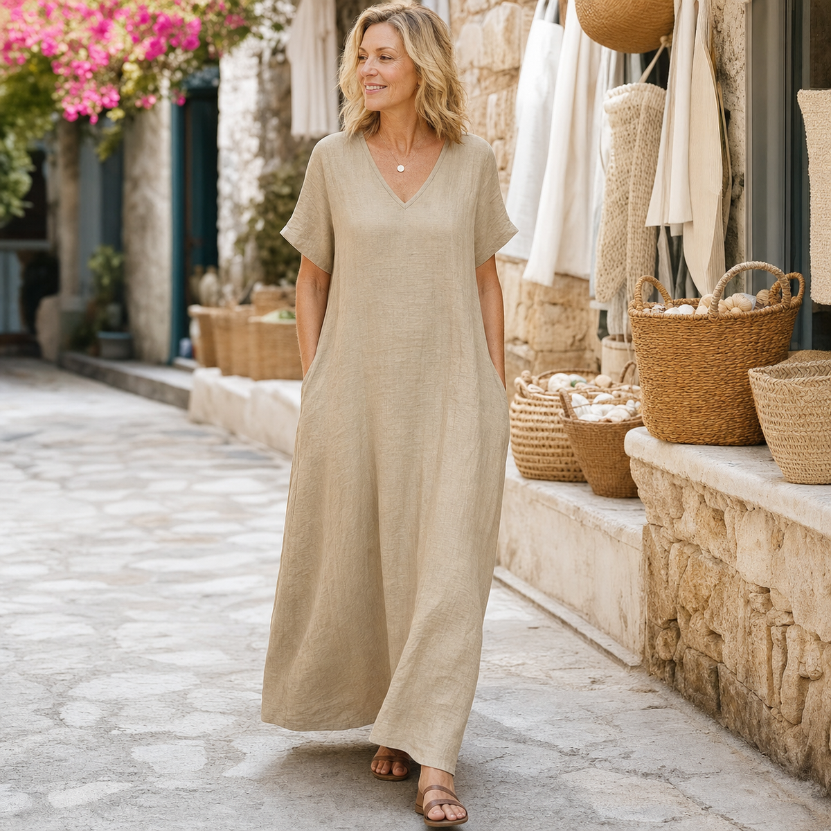 Women's Relaxed V-Neck Pocket Maxi Dress