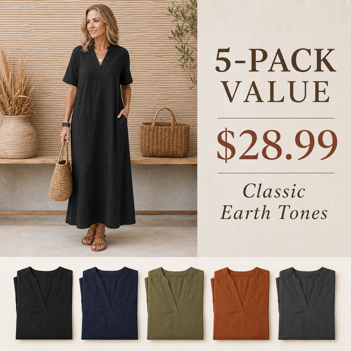 Women's Relaxed V-Neck Pocket Maxi Dress