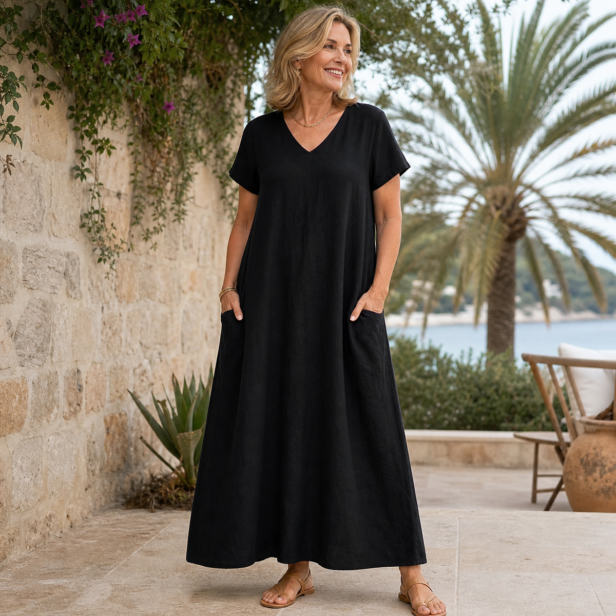 Women's Relaxed V-Neck Pocket Maxi Dress