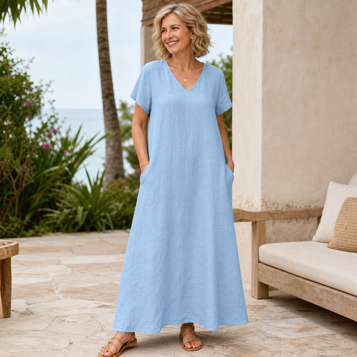 Women's Relaxed V-Neck Pocket Maxi Dress