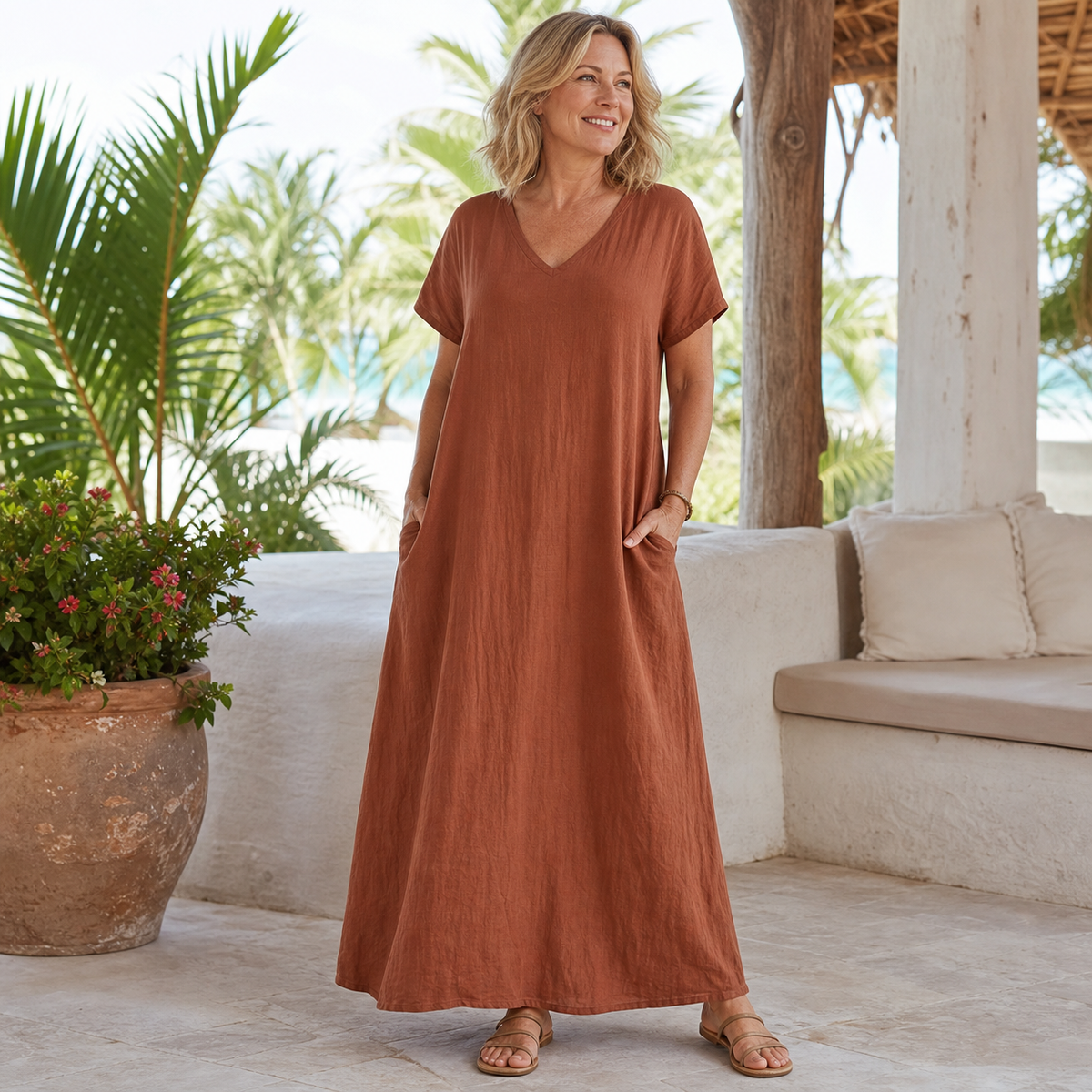 Women's Relaxed V-Neck Pocket Maxi Dress