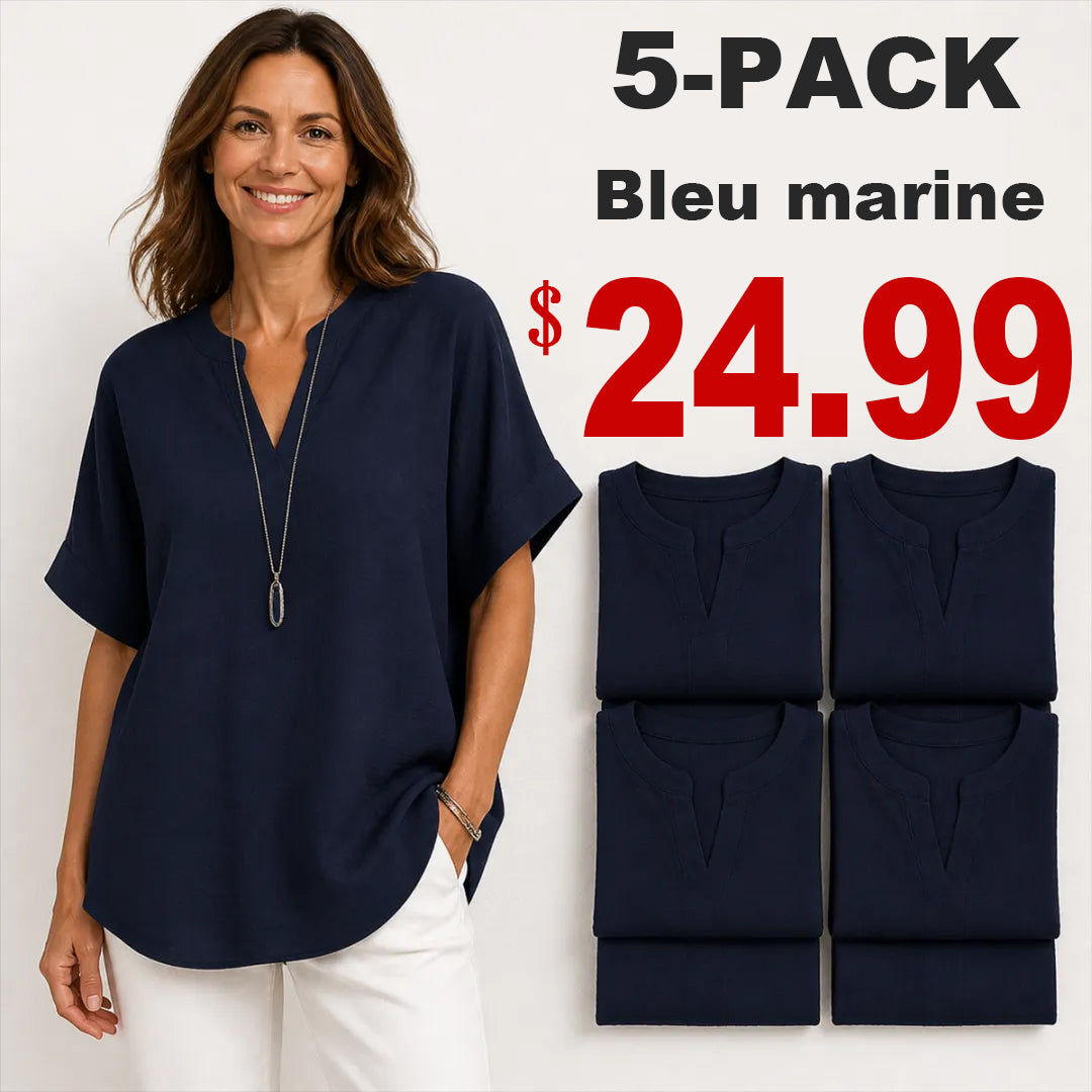 🔥Special Offer Event⚡10-Pack for Only $34.99⚡Women’s Loose-Fit Cotton-Linen Short-Sleeve Top with V-Neck and Rounded Hem