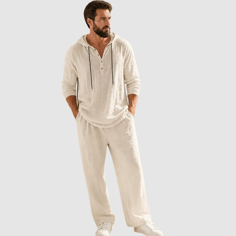 ⏰Clearance Sale⚡10-Sets Only $37.99 ⚡ Two-Piece Linen Set with Hooded Henley Top and Relaxed Trousers