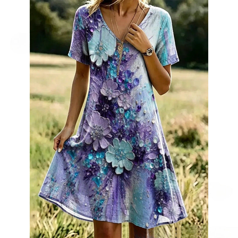 Women’s Boho Floral Print V-Neck Summer Dress – Lightweight Vacation Beach Midi Dress