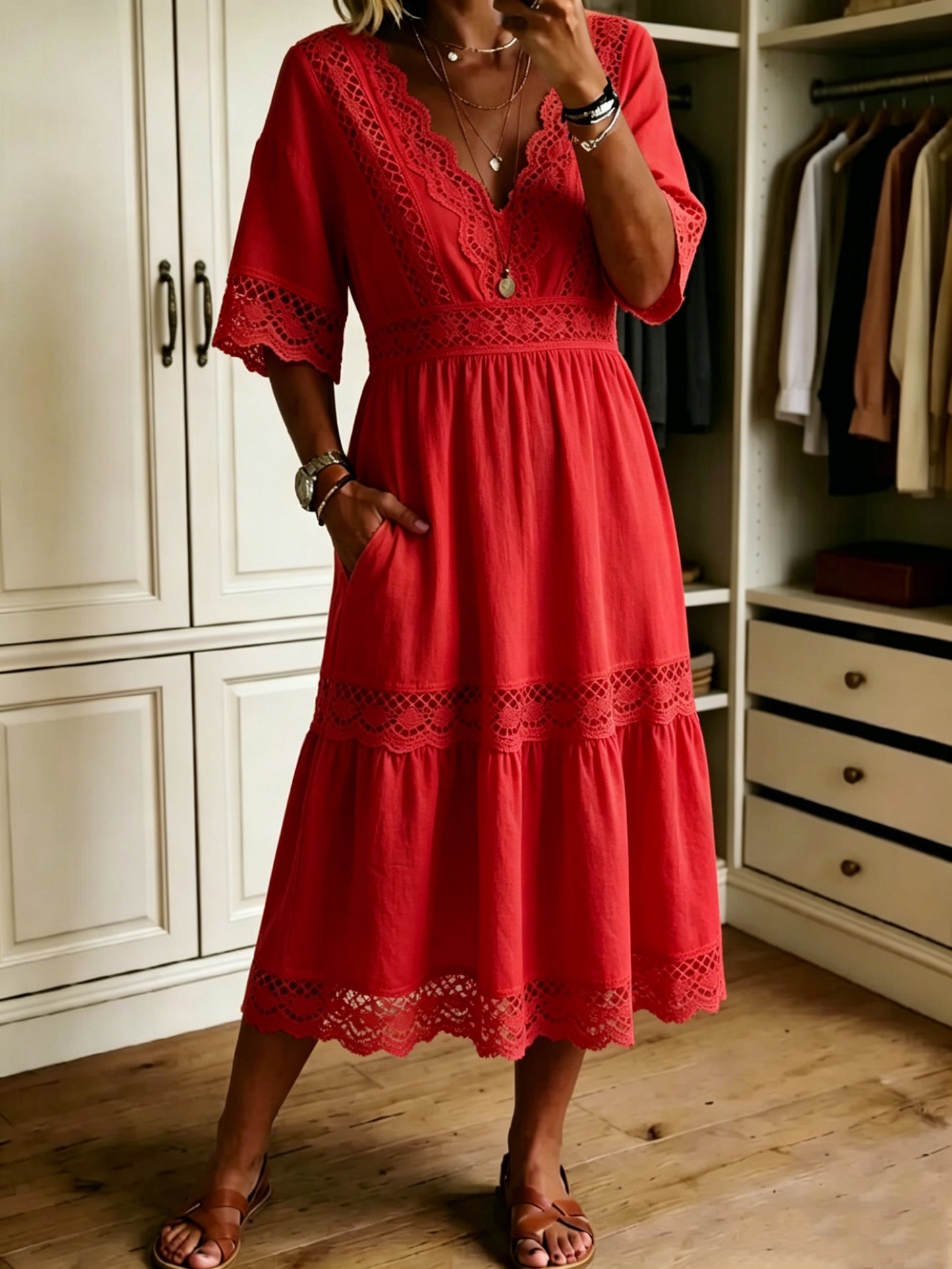 🔥Women's Casual Loose-fitting Patchwork Lace Trim Linen And Cotton Dress