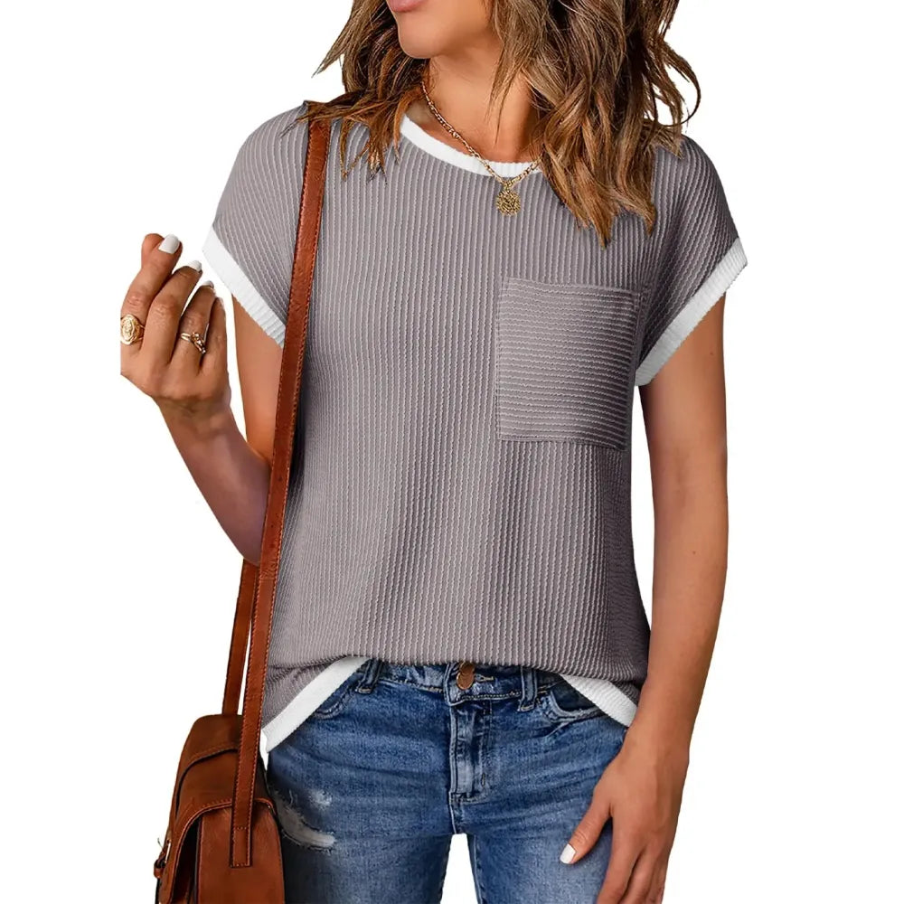 ❤️Women's Crewneck Short Sleeve Color Block Ribbed Knitwear Slim Fitted Blouses Tops