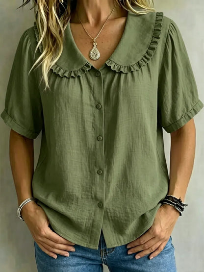 ⏰16-Pack Only $35👕 Women's Ruffle Trim Collared Button-Up Short Sleeve Shirt - Limited Stock Once They’re Gone, They’re Gone!