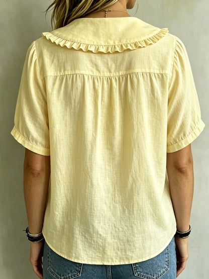 ⏰16-Pack Only $35👕 Women's Ruffle Trim Collared Button-Up Short Sleeve Shirt - Limited Stock Once They’re Gone, They’re Gone!