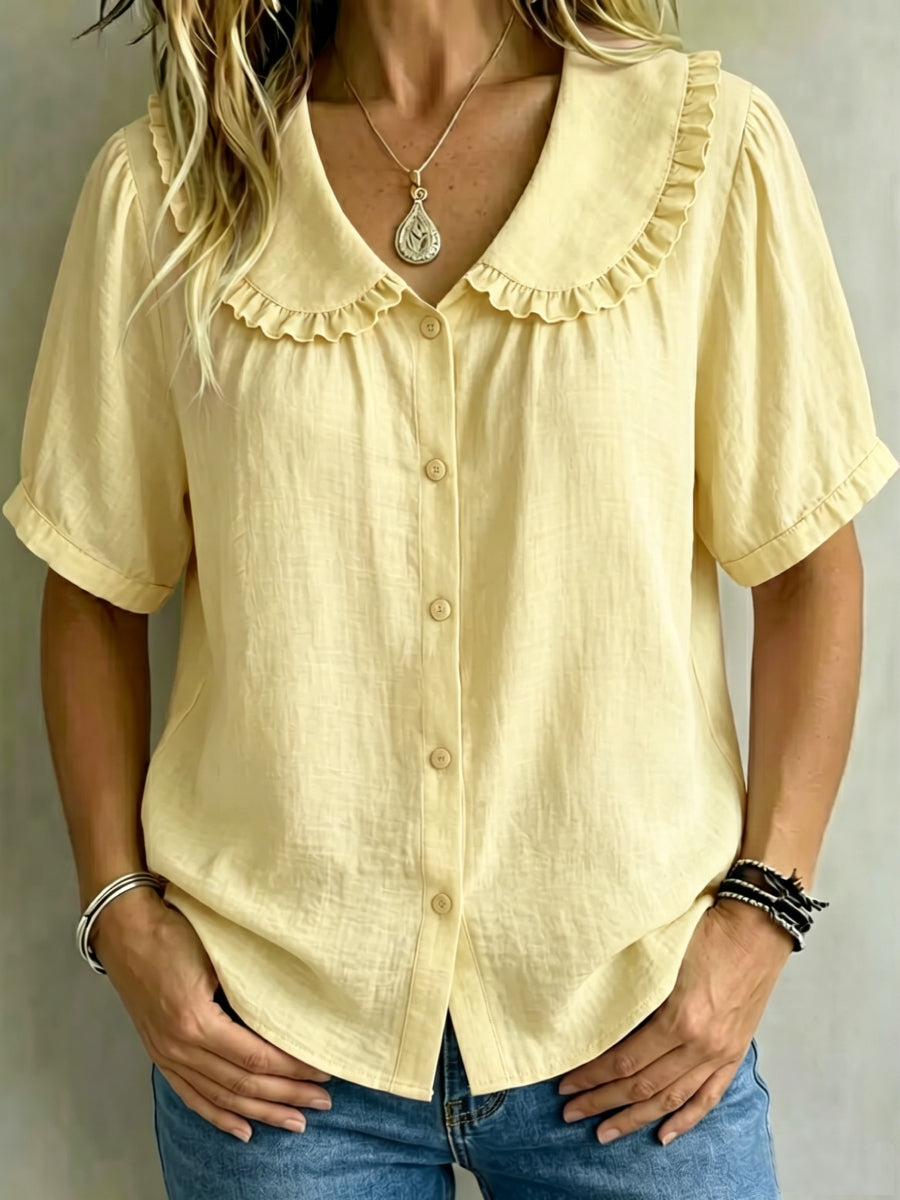 ⏰16-Pack Only $35👕 Women's Ruffle Trim Collared Button-Up Short Sleeve Shirt - Limited Stock Once They’re Gone, They’re Gone!