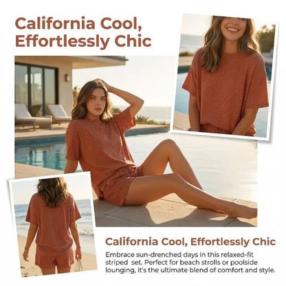 Women’s Ribbed Knit Lounge Set – Short Sleeve Top & High Waist Shorts