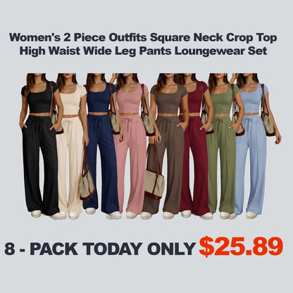 ⚡FINAL SALE⚡ Women's 2 Piece Outfits Square Neck Crop Top High Waist Wide Leg Pants Loungewear Set