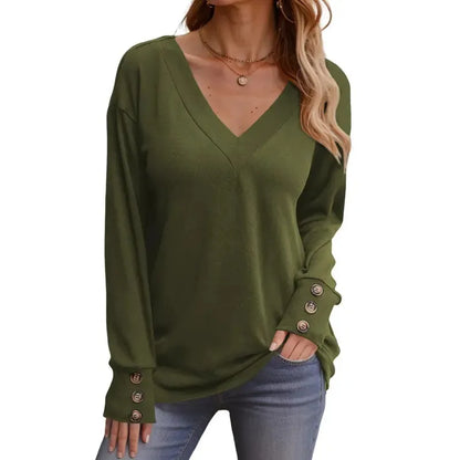 Women's Casual Long Sleeve V-Neck Pullover Shirts Loose Fit Lightweight Knit Tops