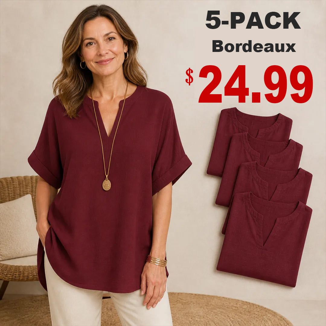 🔥Special Offer Event⚡10-Pack for Only $34.99⚡Women’s Loose-Fit Cotton-Linen Short-Sleeve Top with V-Neck and Rounded Hem