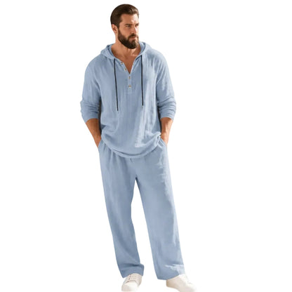 ⏰Clearance Sale⚡10-Sets Only $37.99 ⚡ Two-Piece Linen Set with Hooded Henley Top and Relaxed Trousers