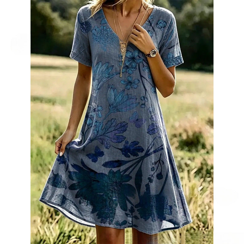 Women’s Boho Floral Print V-Neck Summer Dress – Lightweight Vacation Beach Midi Dress