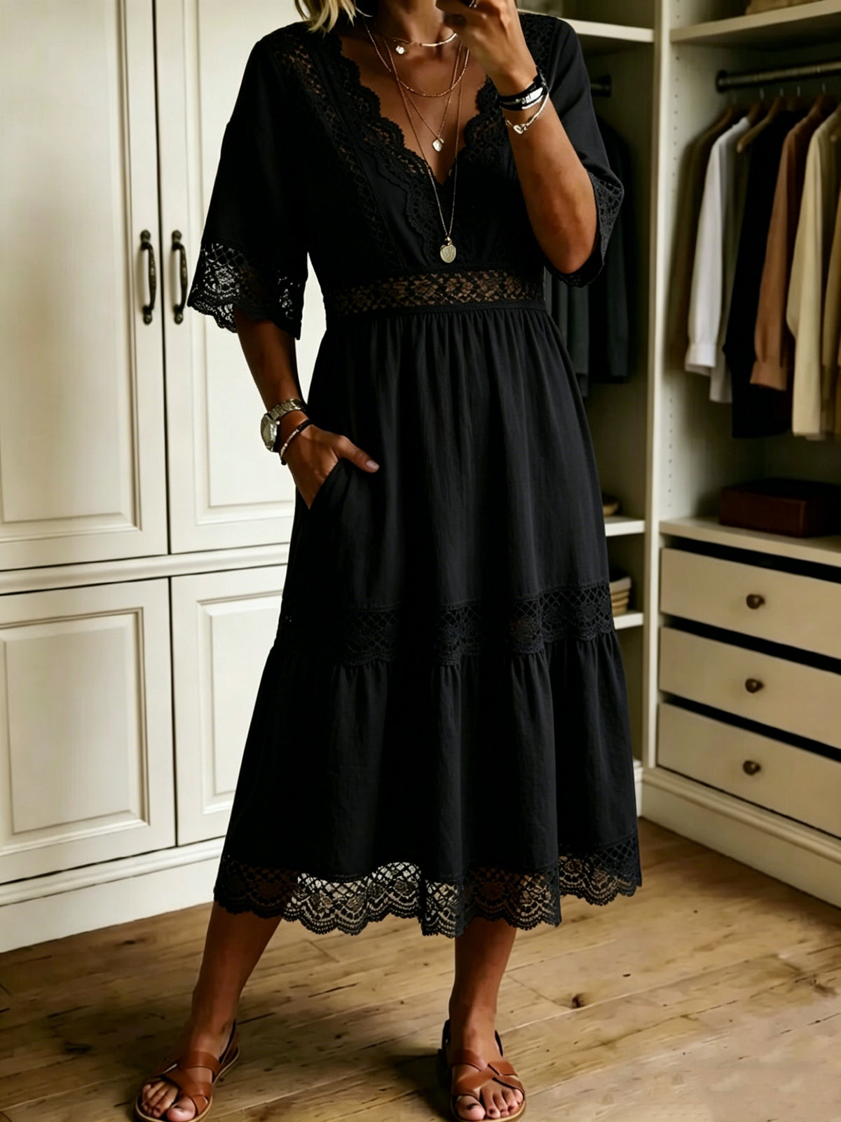 🔥Women's Casual Loose-fitting Patchwork Lace Trim Linen And Cotton Dress