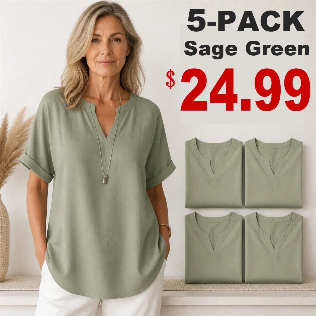🔥Special Offer Event⚡10-Pack for Only $34.99⚡Women’s Loose-Fit Cotton-Linen Short-Sleeve Top with V-Neck and Rounded Hem