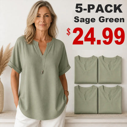 🔥Special Offer Event⚡10-Pack for Only $34.99⚡Women’s Loose-Fit Cotton-Linen Short-Sleeve Top with V-Neck and Rounded Hem