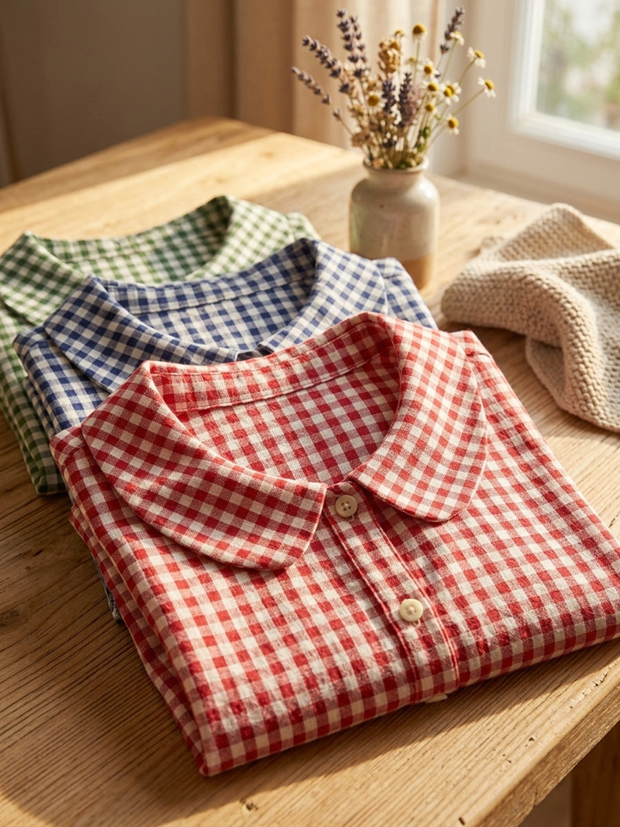 New Arrivals🔥 Women's Retro Peter Pan Collar Checkered Cotton Linen Shirt